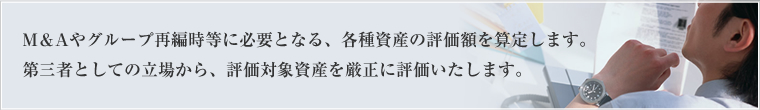 M＆Aやグループ再編時等に必要となる、各種資産の評価額を算定します。第三者としての立場から、評価対象資産を厳正に評価いたします。